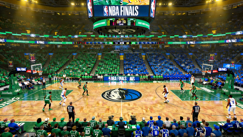 NBA总决赛凯尔特人对阵独行侠的赛场全景照片